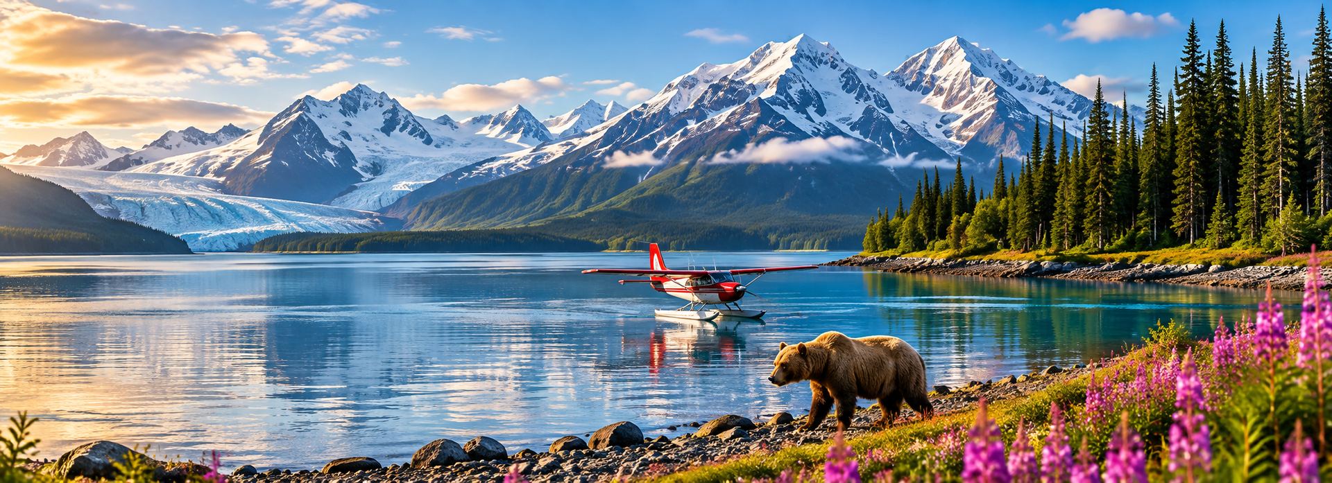 Alaska mountain range with a coastal town and floatplanes at the waterfront