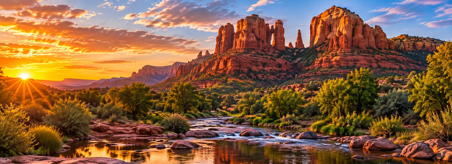 Arizona desert landscape with saguaro cacti and red rock mesas at sunset