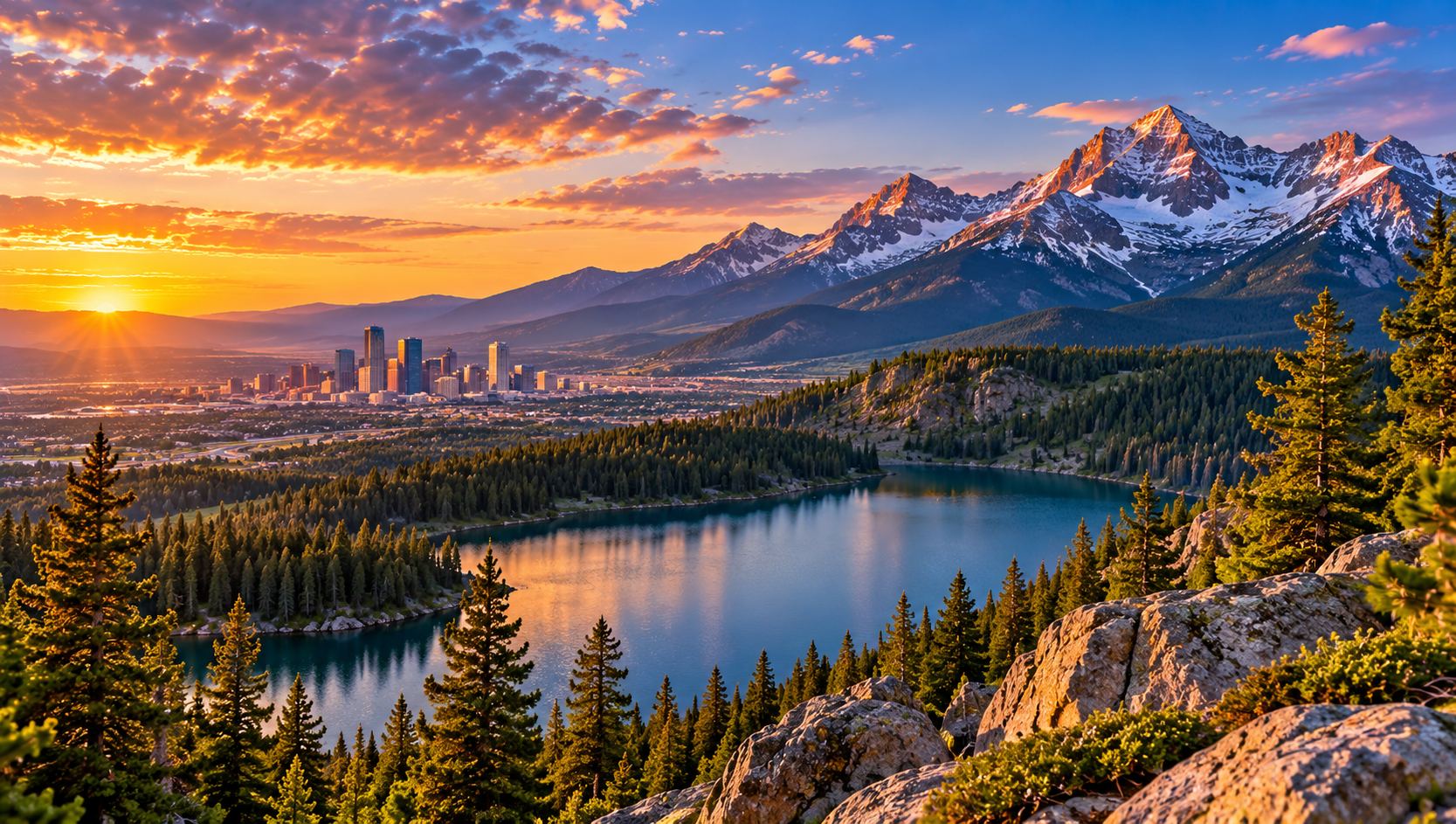 Colorado Rocky Mountain peaks above a pine valley and small town