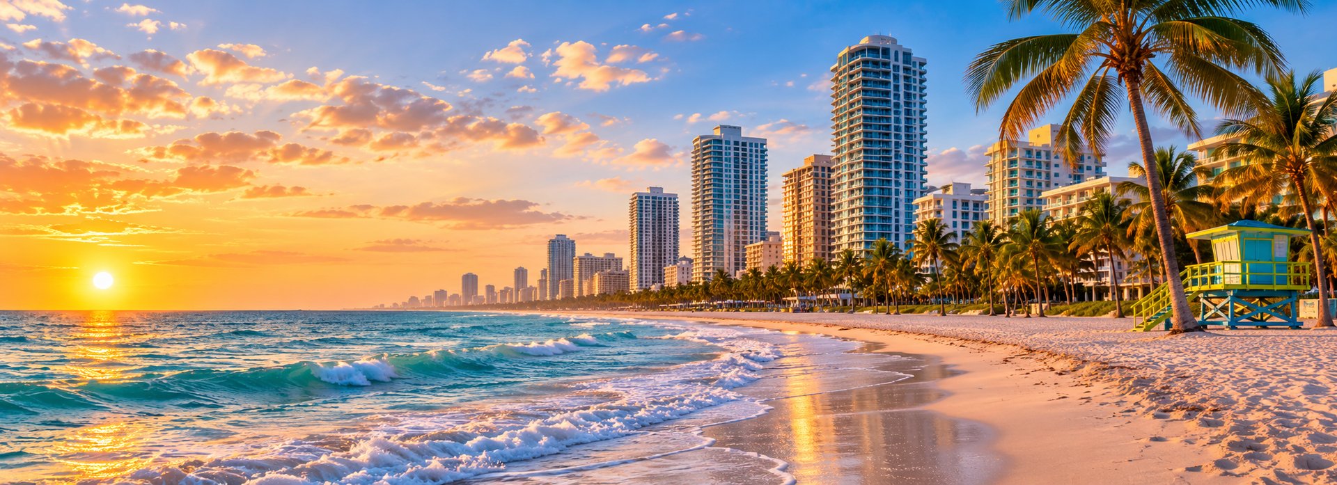 Florida beachfront with palm trees and condo towers