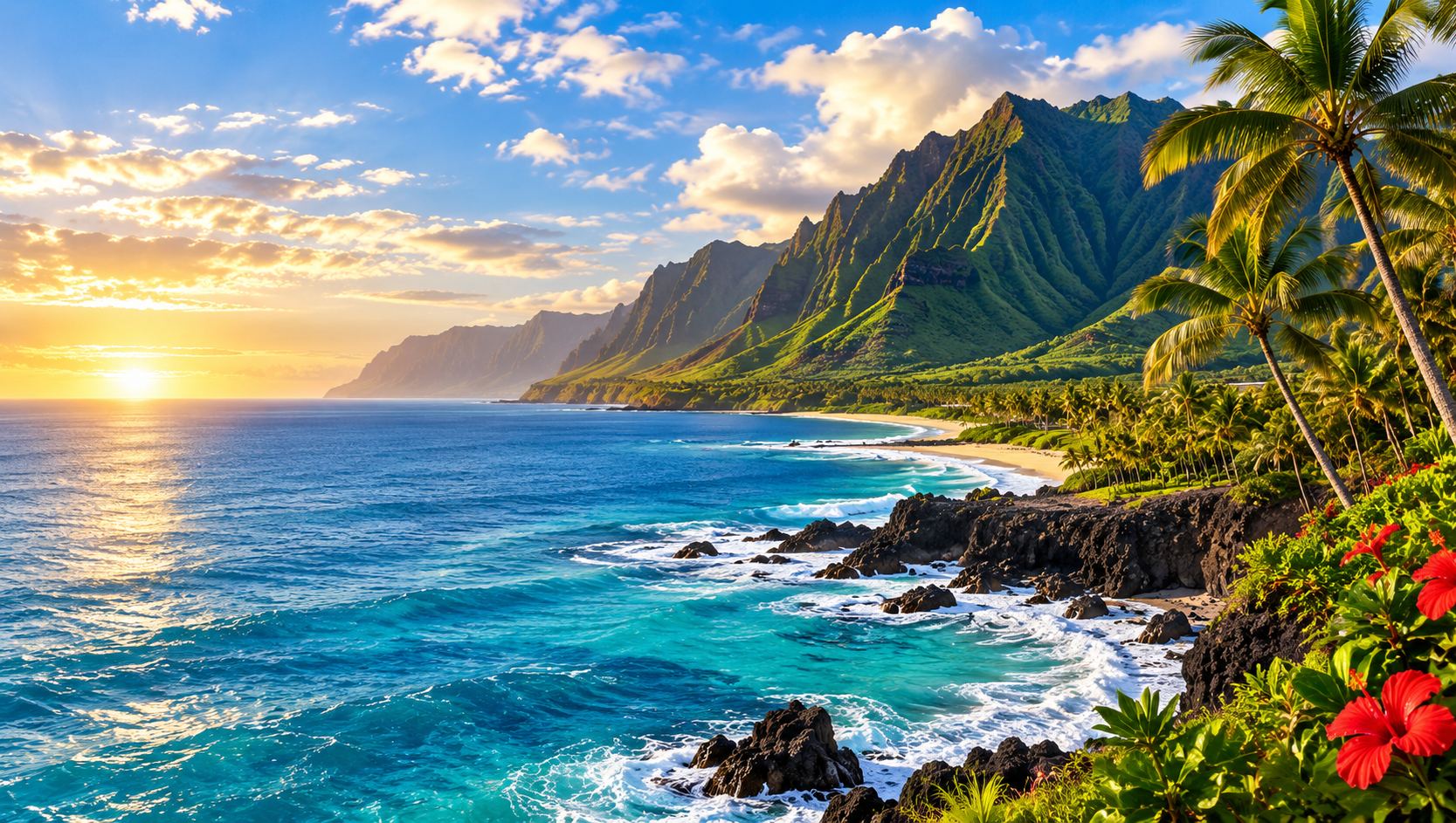 Hawaiian coastline with volcanic cliffs, palm trees, and turquoise water