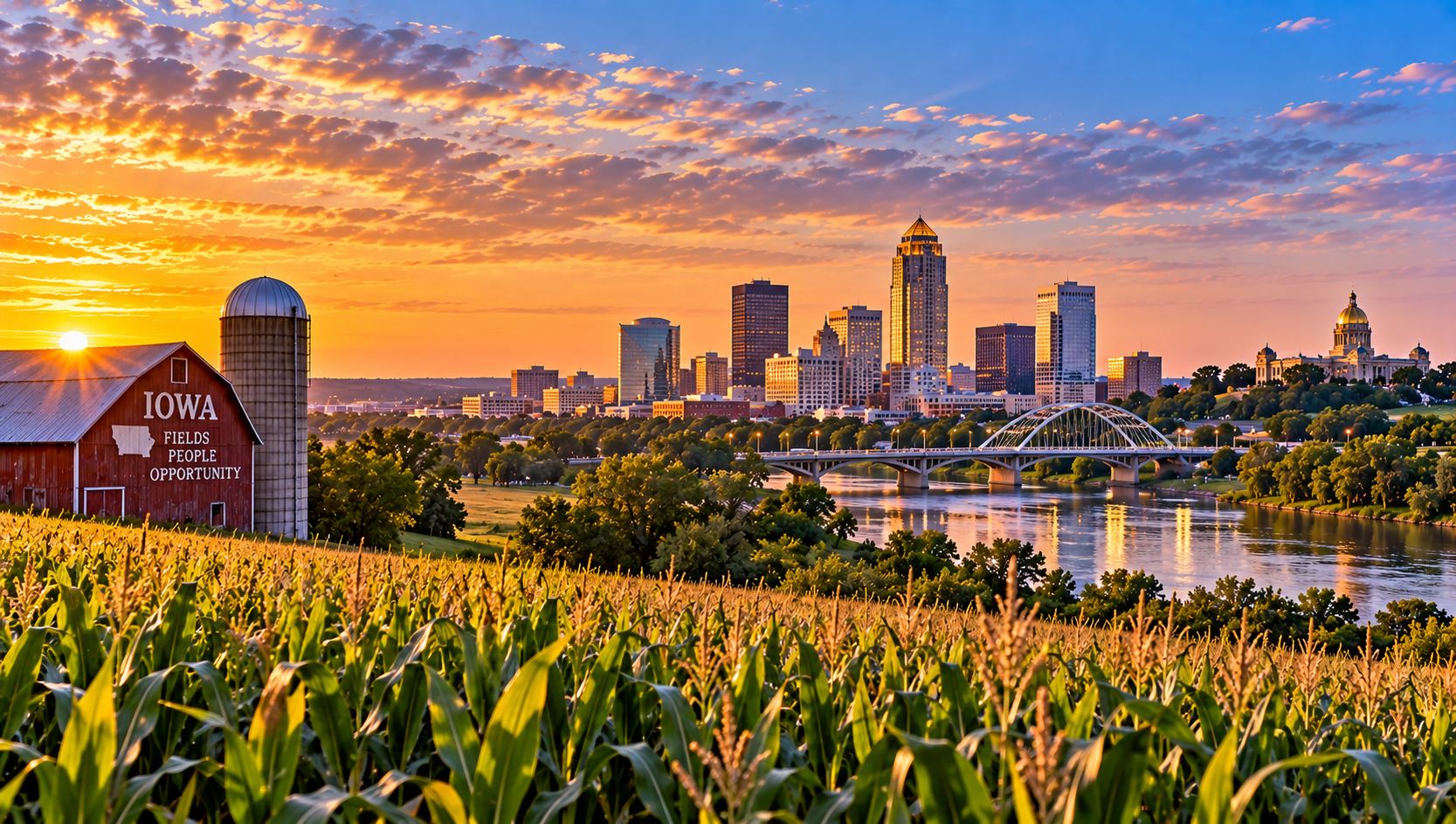 Iowa corn fields at sunset with a farmstead and grain silos
