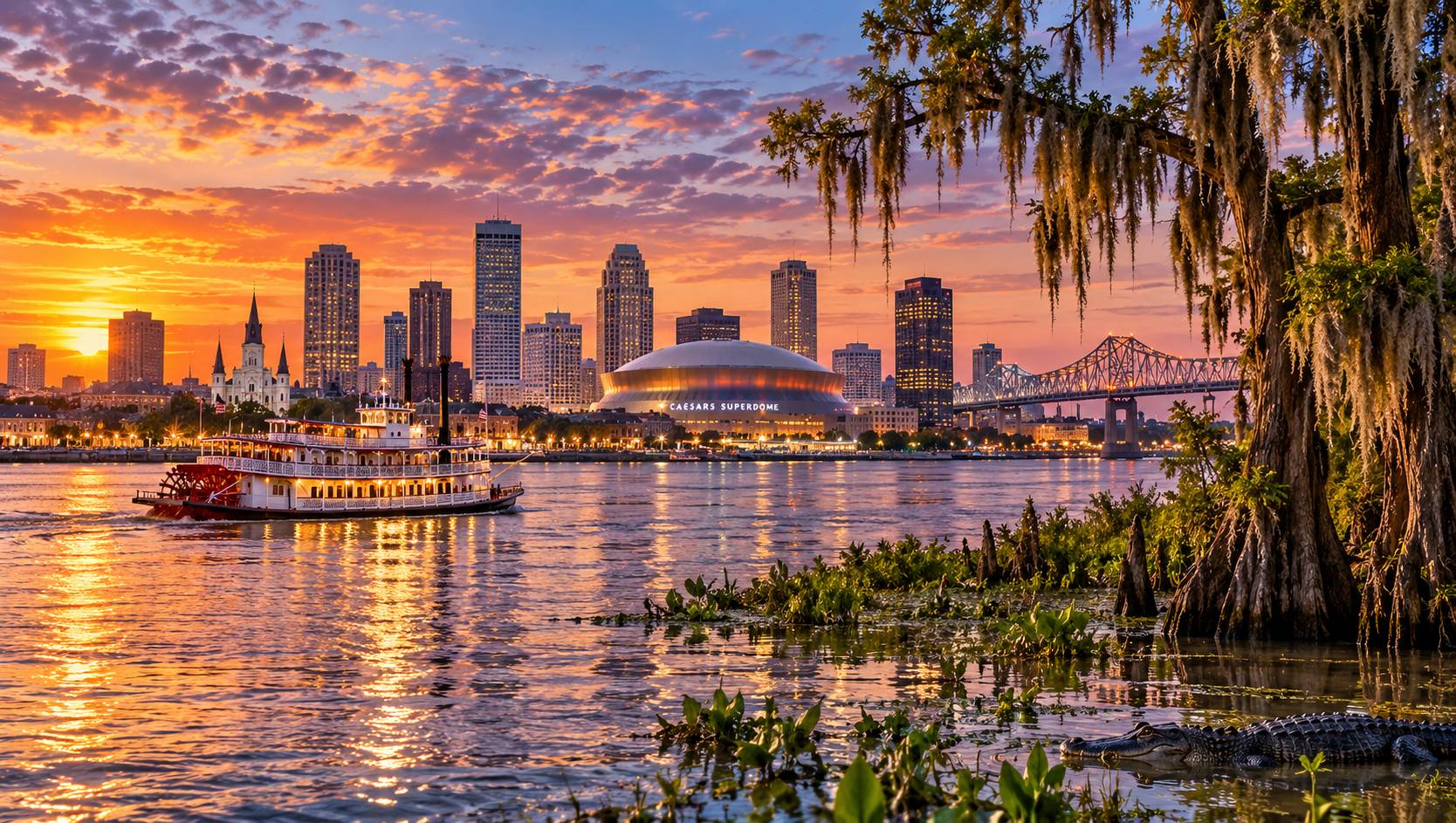 Louisiana bayou with cypress trees and Spanish moss at sunset