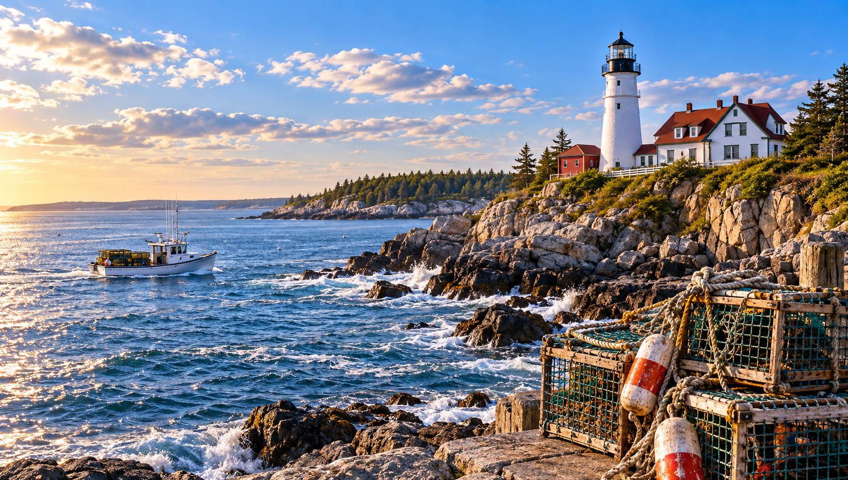 Maine rocky coastline with a lighthouse and pine forest at sunrise