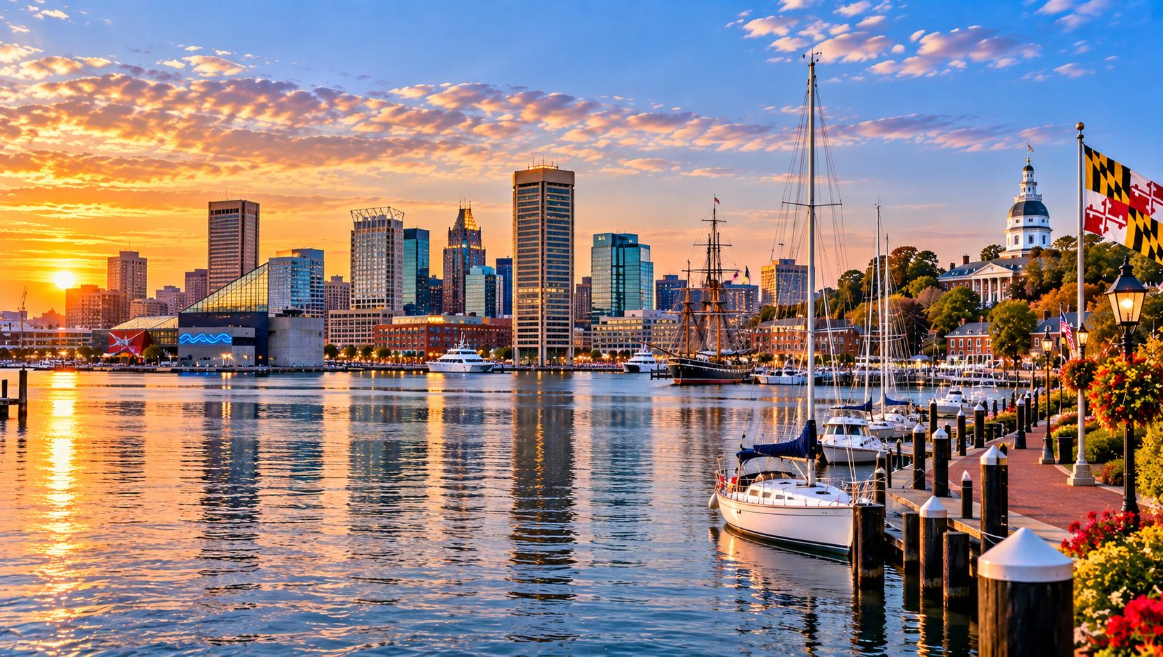 Chesapeake Bay shoreline with sailboats and a historic Maryland courthouse
