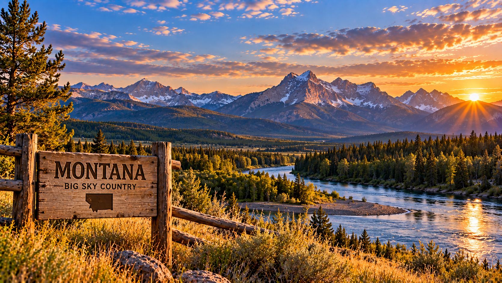Montana mountain range with ranchland and big sky at sunset