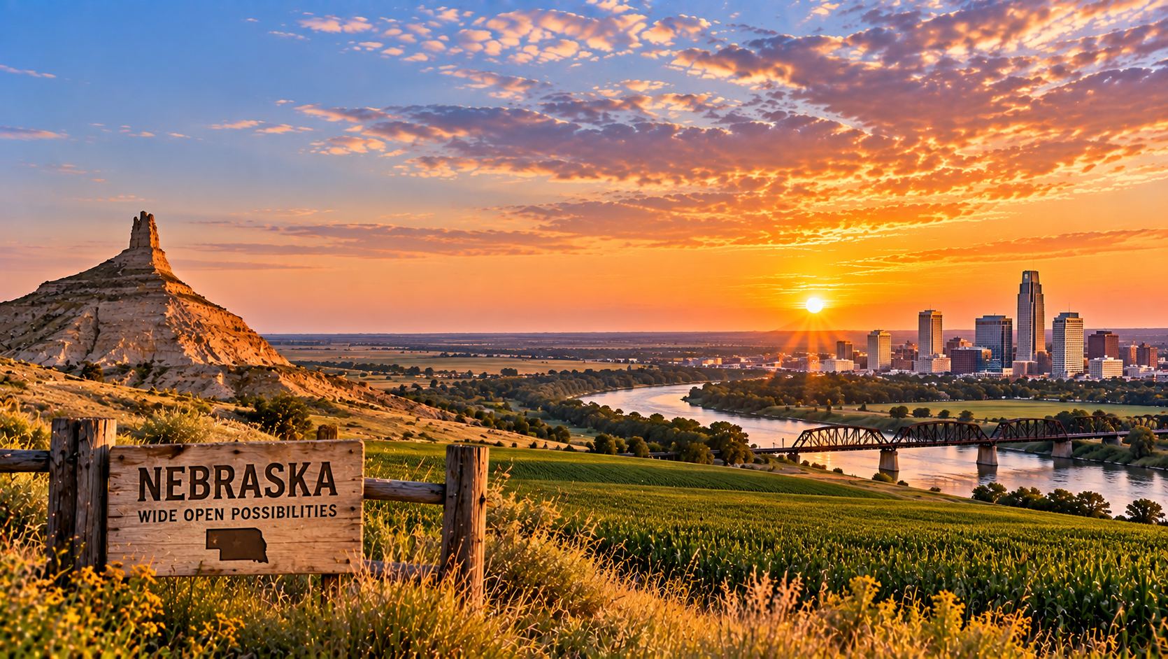 Nebraska prairie with cornfields, a windmill, and a county courthouse