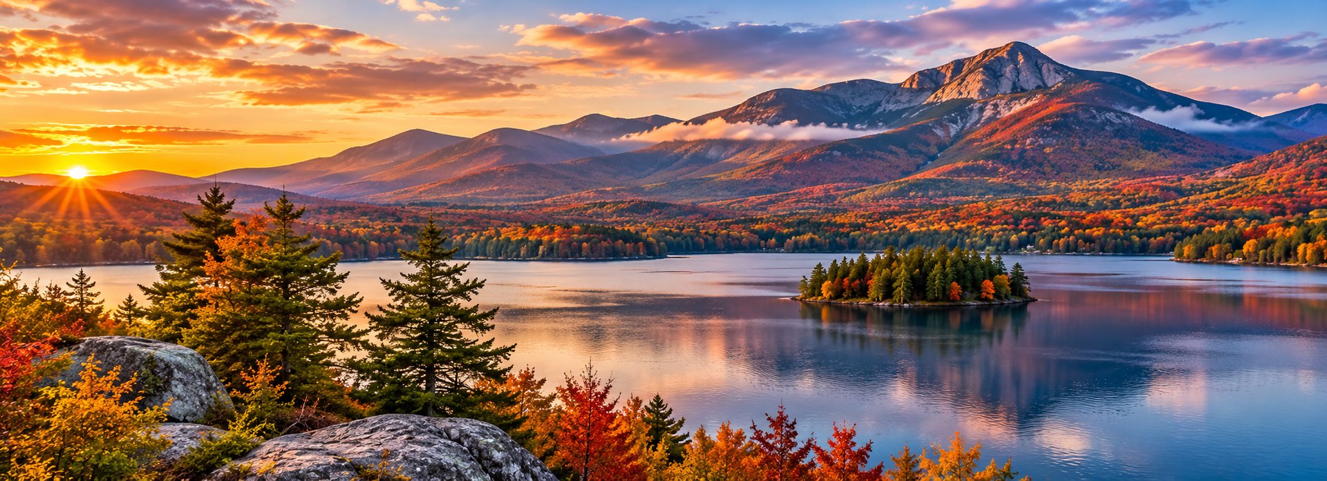 New Hampshire white-steepled town center with autumn foliage and granite hills