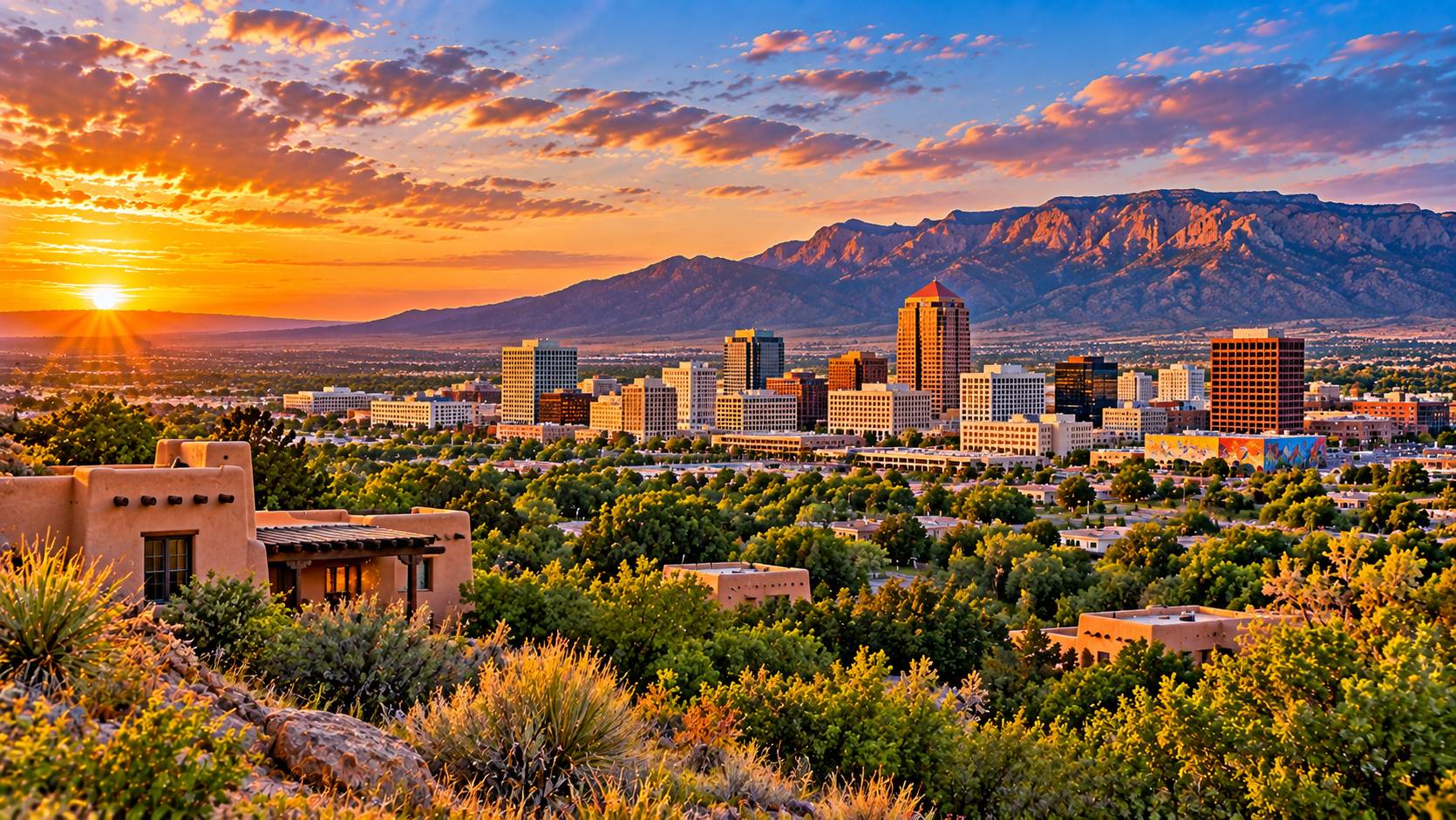New Mexico adobe buildings under a turquoise sky with desert mesas beyond