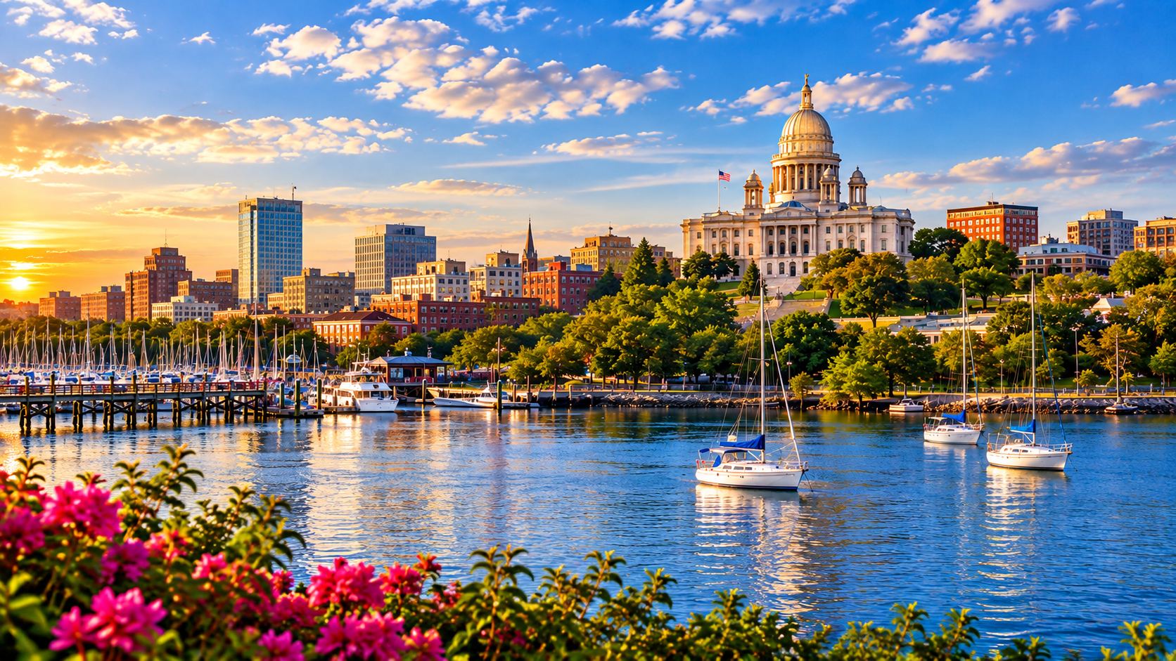 Rhode Island harbor with sailboats, a lighthouse, and shingled coastal homes
