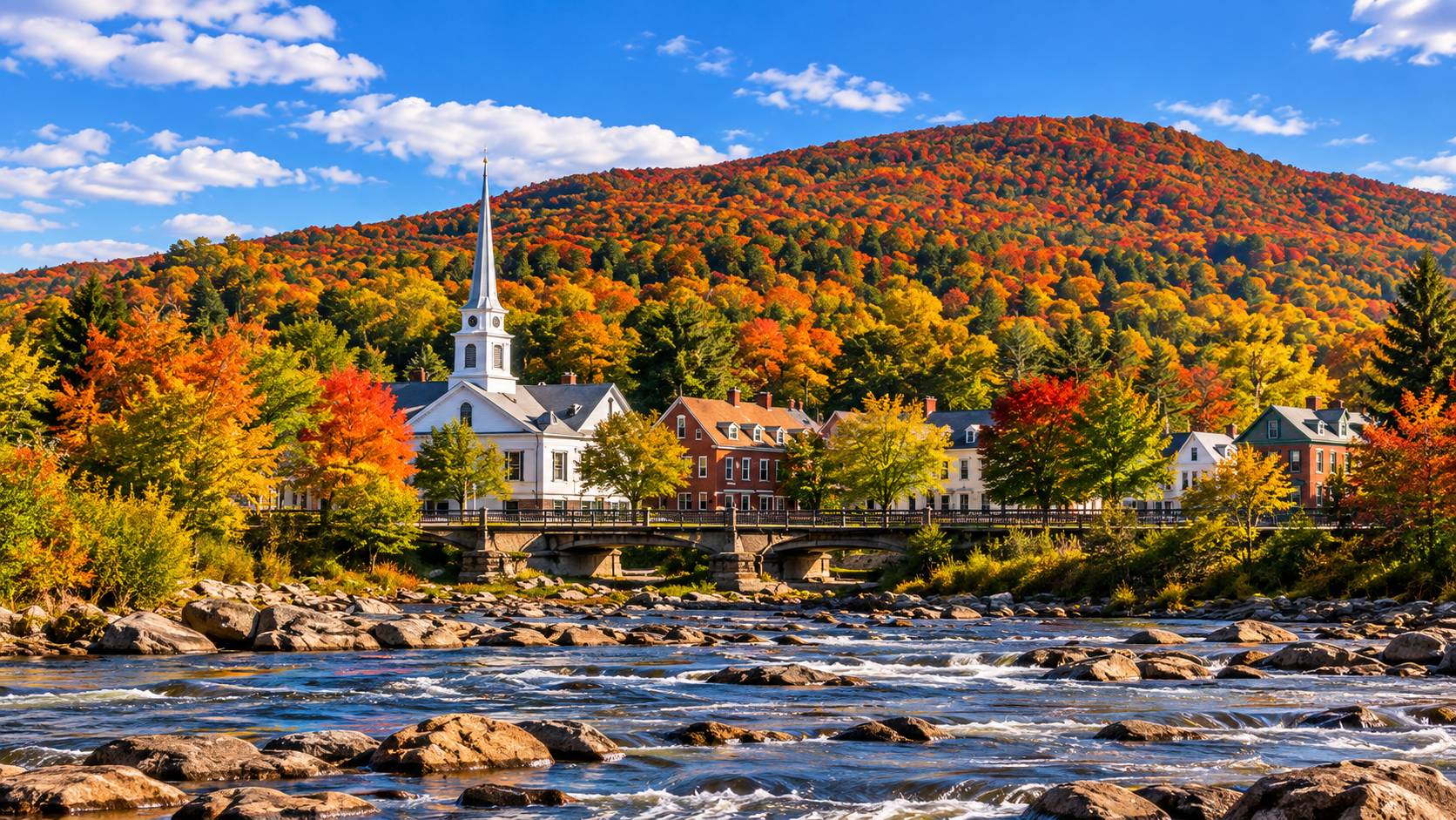 Vermont green hills with a white steeple village and autumn maples