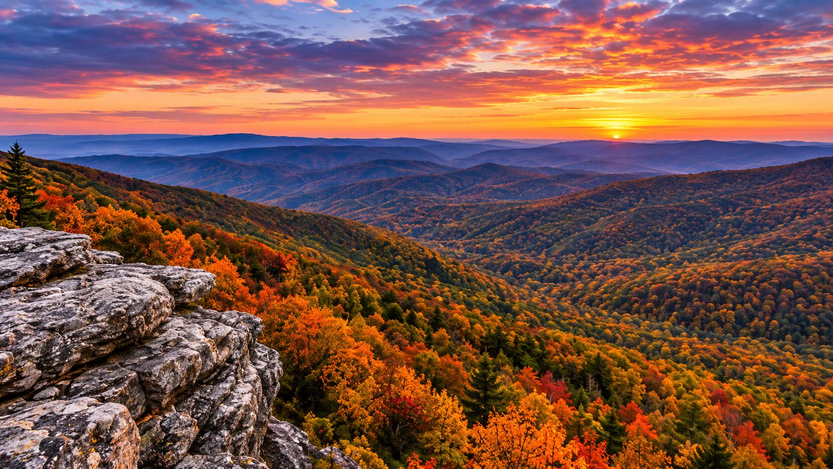 Virginia Blue Ridge foothills with a brick courthouse town and autumn trees