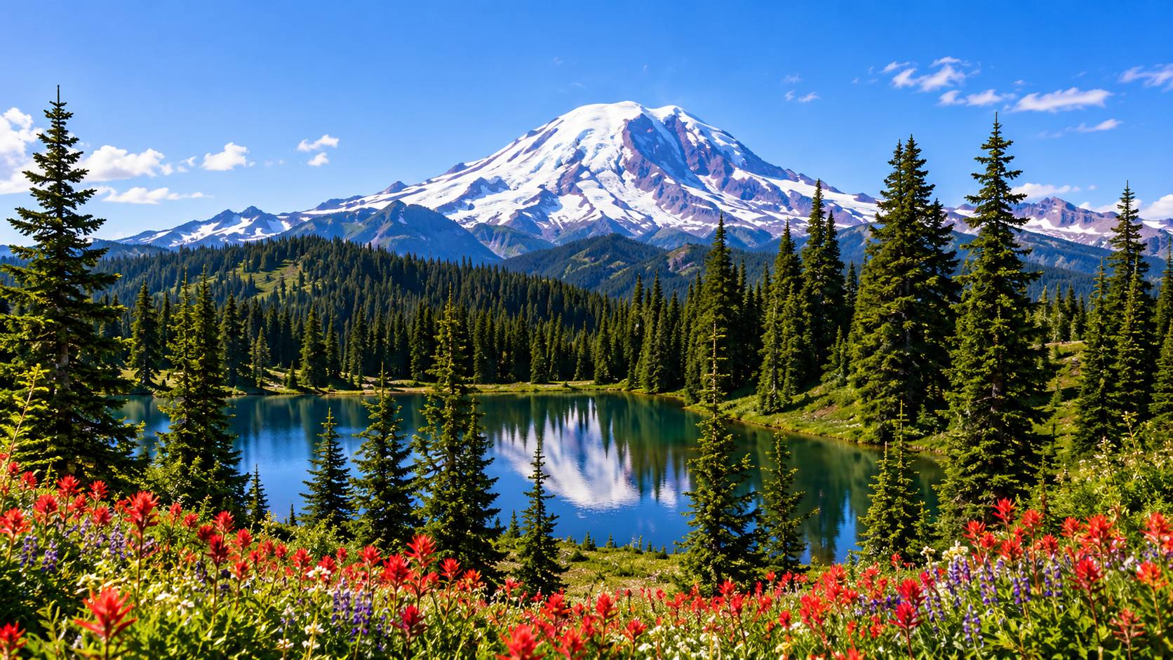 Washington evergreen forest shoreline with Mount Rainier rising over Puget Sound