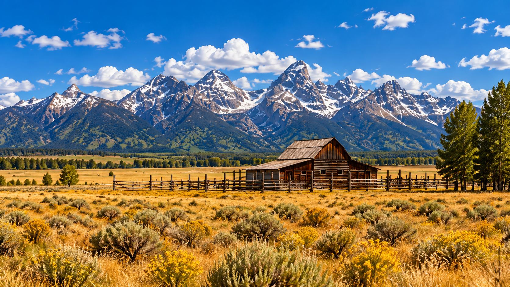 Wyoming high plains ranch country with the Tetons rising in the distance