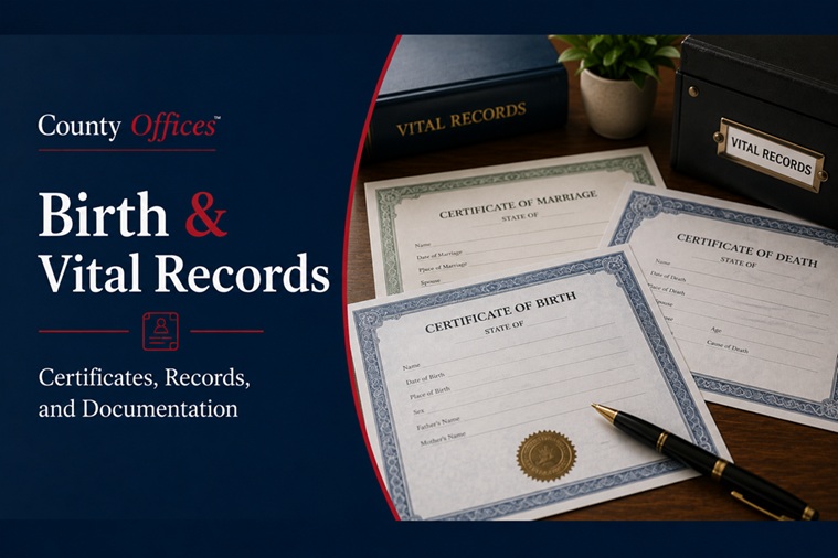 CountyOffices vital records guide hero image showing birth certificate, death certificate, official seal, and document filing folders
