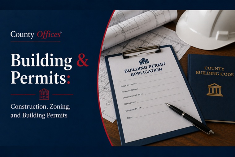 CountyOffices building permits guide hero image showing building permit application, blueprints, hard hat, and inspection clipboard on construction site