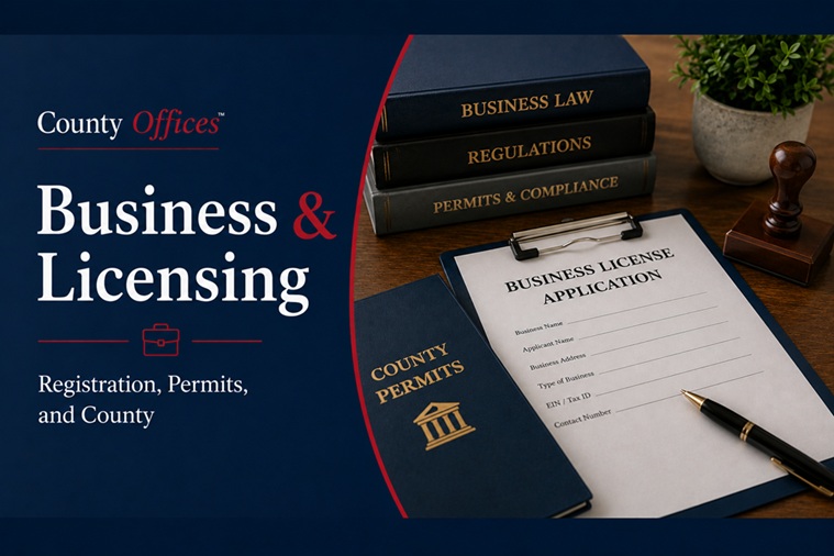 CountyOffices business license guide hero image showing LLC formation documents, business license certificate, EIN paperwork, and small business signage
