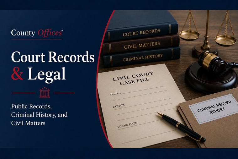 CountyOffices court records guide hero image showing court documents, gavel, law books, and case file folders on a courtroom desk
