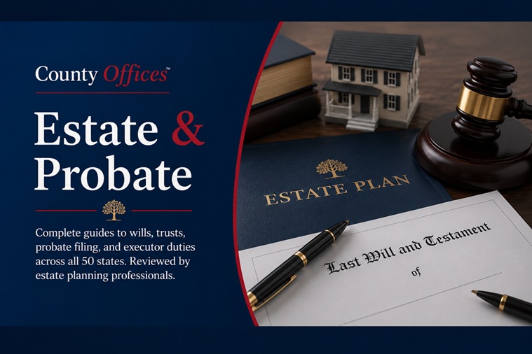 County Offices probate guide banner featuring estate planning documents, wills, trusts, probate filing materials, a gavel, and a model home in a professional navy and red legal-themed design.