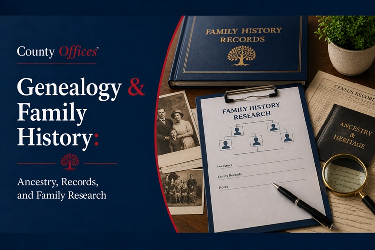 CountyOffices genealogy guide hero image showing vintage family photos, handwritten family tree, old census records, and magnifying glass on archive documents