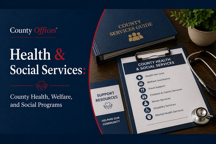 CountyOffices county health guide hero image showing Medicaid card, SNAP EBT card, county health department building, and family social services paperwork