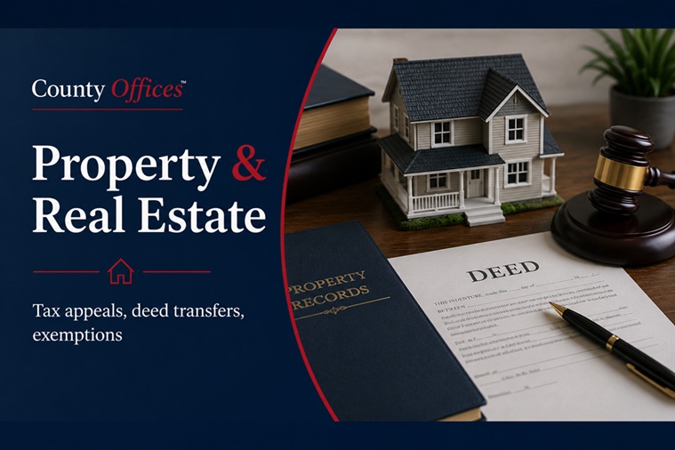 County Offices property and real estate guide banner featuring deed transfer documents, property records, a model home, and a gavel in a professional navy and red design focused on tax appeals, deed transfers, and property exemptions.
