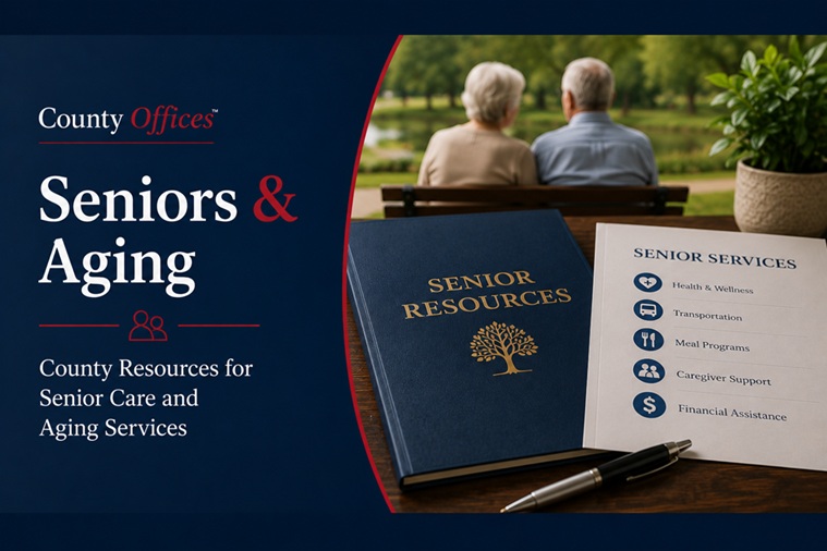 CountyOffices senior services guide hero image showing older couple with paperwork, reading glasses on Medicare documents, and care planning materials