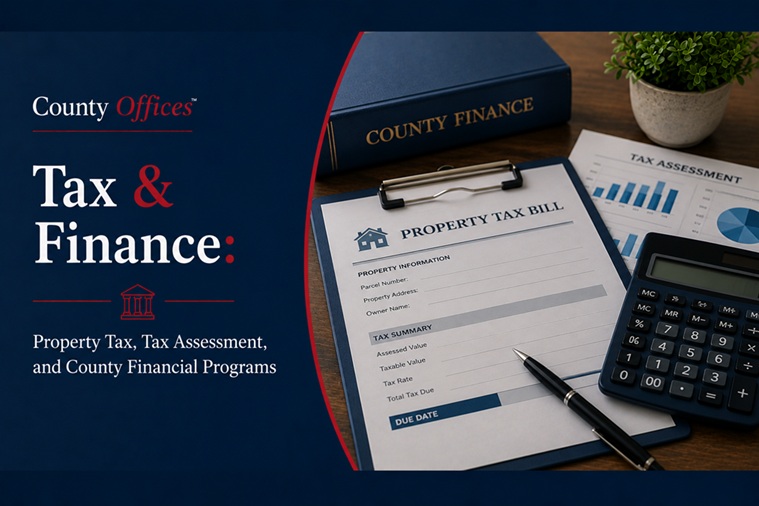 CountyOffices county tax guide hero image showing county tax bill, payment plan documents, calculator, and tax lien certificate paperwork