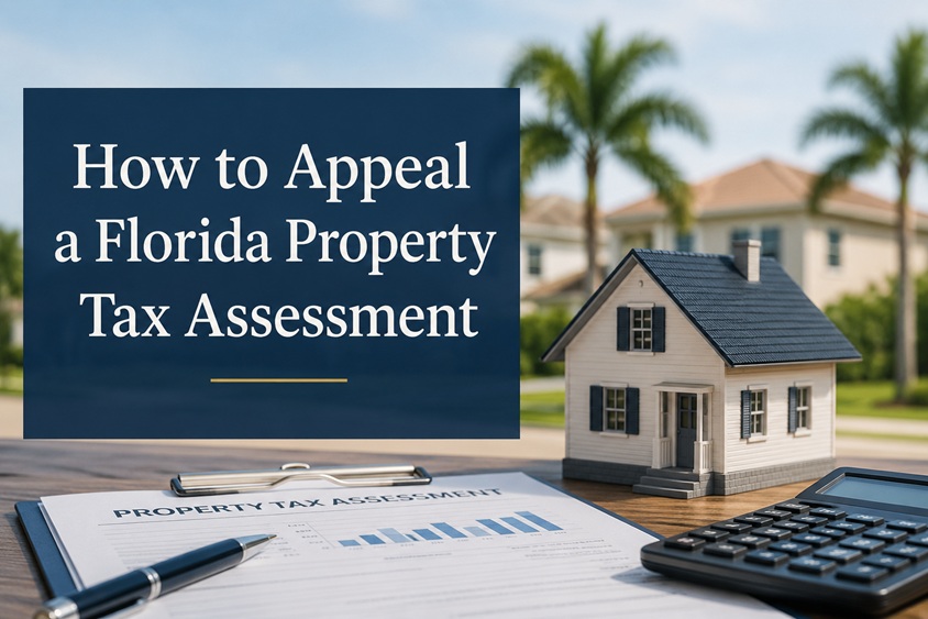Professional landscape graphic for a Florida property tax appeal guide featuring a model home, calculator, tax assessment paperwork, and palm trees with the title “How to Appeal a Florida Property Tax Assessment” displayed prominently.